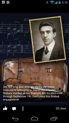 an old suitcase with a photo on it and music notes in the bottom right corner