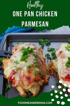 2 chicken parmesan breasts on a sheet pan with a blue oven mitt in the background One Pan Chicken Parmesan, Weight Watchers Meals Dinner, Weight Watchers Meal Plans, Weight Watcher Dinners, One Pan Chicken, Weight Watchers Desserts, Pan Chicken, Pork Chop Recipes