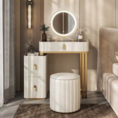 a white vanity with a mirror and stool in a room next to a bed or couch