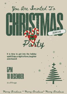 a christmas party flyer with an image of a tree and candy canes on it