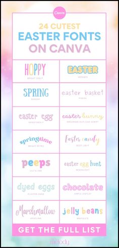 the easter font list is shown in pink, blue and yellow