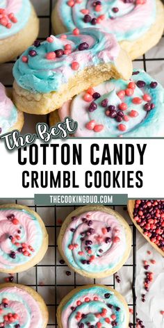 Close-up of cotton candy cookies on a cooling rack. American Baked Goods, Crumbl Christmas Flavors, Nerds Candy Recipe, Cooking With Karli Crumbl Cookies, Cookie Dunkers With Buttercream, Halloween Crumbl Cookies, Cookie Dippers Recipe, Cute Recipes Aesthetic, Crumbl Copycat Cookie Recipe