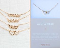 "AUNT & NIECE NECKLACE * AUNT GIFT * NIECE GIFT * each necklace sold separately unbreakable connections are forged with love. one for each of us... linked for life. these interlocking charms symbolize the strength of our bond. whether near or far apart, we're always linked at heart. choose your pendant with 2 hearts, 3 hearts, 4 hearts or 5 hearts. linked asymmetrical open hearts with pave cubic zirconias. available in sterling silver, 18k gold plated or 18k gold vermeil. perfect gift for aunt o Aunt And Niece, Aunt Niece, Gift For Aunt, Shiny Jewelry, 3 Hearts, Clean Sterling Silver, 2 Hearts, How To Clean Silver, Niece Gifts