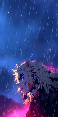 an anime character standing in the rain with his eyes closed and hair blowing back into the wind