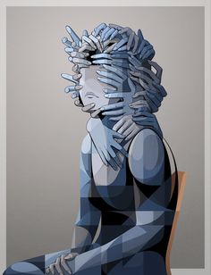 a digital painting of a woman sitting on a chair with her hands wrapped around her head