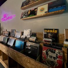 there are many records on display in the store