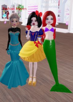 three cartoon mermaids are standing next to each other