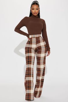 Available In Brown/combo. High Rise Crepe Knit Plaid Print Stretch High Waist 35" Inseam Disclaimer: Plaid Placement Will Vary 95% polyester 5% Spandex Imported | Jahia Flare Pants in Brown size XL by Fashion Nova Modest Fashion Black Women, Clothing Aesthetics, Knit Plaid, Church Clothes, Streetwear Girl, Ladies Style, Kardashian Outfit, Thanksgiving Outfits, 30s Fashion