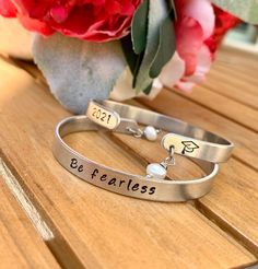 Engraved 2021 graduation bracelet be fearless bracelet | Etsy Inspirational Jewelry Quotes, Fearless Bracelet, Kids Name Bracelet, Metal Stamping Diy, Graduation Bracelet, Bracelet Name, Handstamped Bracelet, Pressed Metal, Metal Stamped Jewelry