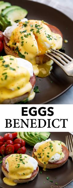 an egg benedict on a plate with tomatoes and cucumbers next to the recipe