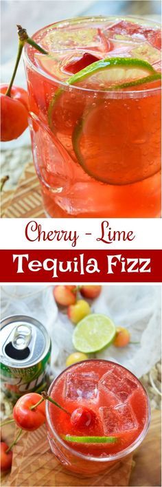 two pictures with different types of drinks in them and the words cherry lime tequila fizz