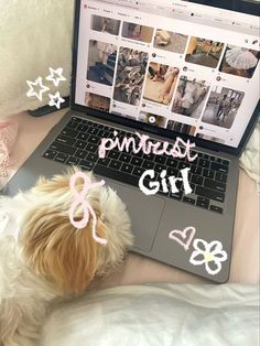 a dog laying on top of a bed next to a laptop computer with pink writing