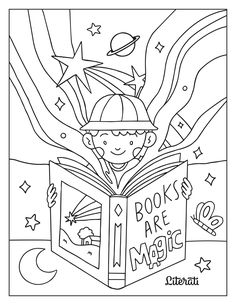 a boy reading a book in the sky with stars and planets around him, coloring page