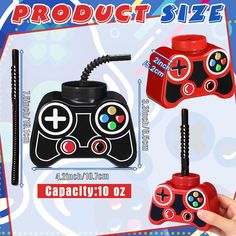 an advertisement for a game controller with two different colors and designs on the front side