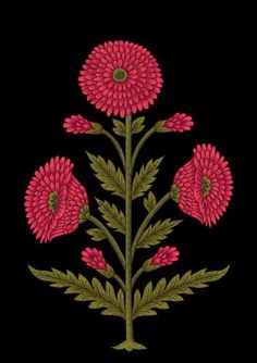 a pink flower with green leaves on a black background is shown in this embroidery pattern