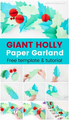 paper garland with holly leaves and pom - poms on it for christmas decorations