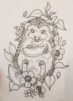 a drawing of a hedge with flowers and leaves on it's head, holding a toothbrush