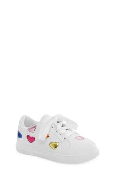 A sparkly array of metallic rainbow hearts will delight the tiny trendsetter strutting the playground in this sporty sneaker brimming with charm. Lace-up style Removable insole Leather upper/textile lining/rubber sole Imported Lace-up Synthetic Sneakers For Playtime, Cute Multicolor Low-top Sneakers, Playful Low-top Rainbow Sneakers, Playful Rainbow Low-top Sneakers, Playful High-top Sneakers For Playtime, Playful Spring Sneakers For Playtime, Playful Low-top Sneakers With White Sole, Multicolor Low-top Sneakers For Playtime, Playful Lace-up Sneakers For Playtime