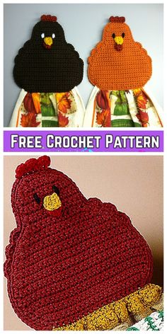 two crocheted chickens sitting next to each other with the words free crochet pattern