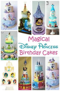 a collage of disney princess birthday cakes