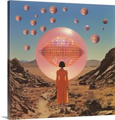 a woman in an orange dress is looking at the sky with balloons floating above her