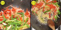 two pictures side by side showing carrots, onions and green beans cooking in a wok