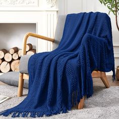 PRICES MAY VARY. READ MADE: Woven of 100% acrylic, 50 inches wide by 60 inches long, color navy blue. ClASSIC DESIGN: The throw blanket features an elegant decorative fringe for added flair. It's the perfect addition to living room, guestroom, bedroom, nursery, RVs, dorm and more. SOFT & COMFY: It is relatively soft with a good thickness. Great for snuggling up in for an evening of your favorite show. It's lightweight breathable - perfect for a cozy wrap without being too bulky or hot. VERSATILE Bohemian Style Rooms, Cable Knit Throw Blanket, Beige Throws, Blue Throw Blanket, Soft Sofa, Summer Blanket, Cozy Throw Blanket, Blue Throws, Knit Throw Blanket