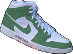 Sporty Jordan Shoes With Gum Sole, Sporty High-top Custom Sneakers With Gum Sole, Classic High-top Custom Sneakers For Sports, Green High-top Modern Basketball Shoes, Modern Green High-top Basketball Shoes, Sporty High-top Jordan Shoes With Gum Sole, Sporty Mid-top Jordan Shoes With Gum Sole, White High-top Custom Sneakers For Tennis, High-top White Sole Tennis Sneakers