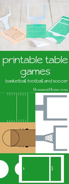 the printable table games for basketball and soccer is shown in three different colors, including green