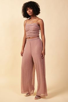 Skies Are Blue | Lurex Mesh Elastic Waist Wide Leg Pants Model is: Height: 5'8 1/2 Bust: 32" Waist: 24" HIP: 34 | Model wears size Small. Fabric Contents 100% POLYESTER Put on your party pants Sparkly Pants, Chambray Pants, Mesh Pants, Metallic Mesh, Slacks For Women, Rose Gold Party, Sequin Rompers, Party Pants, Mesh Blouse