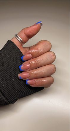 Blue french tip Simple Righnstone Nails, French Nails Royal Blue, Pink Nails With Blue Tips, French Nails With Blue Heart, Royal Blue Nails Short French, Cute Royal Blue Nail Ideas, Royal Blue Heart Nails, Short Acrylic Nails Blue Design, Blue Heart French Tip Nails