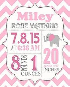 a pink and gray baby girl birth print with an elephant on the front, name and date