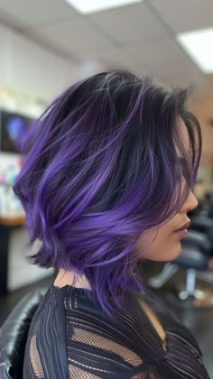 20 Stunning Chunky Highlights Ideas for a Bold, New You | Lookosm Colourful Dyed Hair, Dark Hair With Lavender Highlights, Chunky Purple Highlights On Dark Hair, Short Vivid Hair, Highlight Dyed Hair, Short Hair Purple Highlights, Purple Streaked Hair, Purple Chunky Highlights, Cool Purple Hair