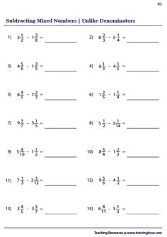 the subtracting mixed numbers worksheet is shown in this image, and it shows