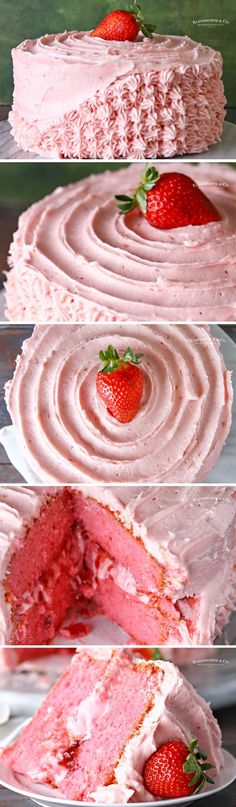 three pictures show the steps to make a strawberry cake with frosting and strawberries