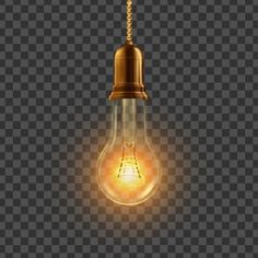 an old fashioned light bulb hanging from a chain on a dark checkerboard background