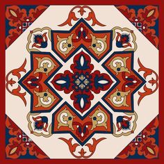 a red, white and blue square with an ornate design on the center is shown