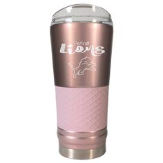 the detroit lions travel mug is shown in pink and silver with white lettering on it