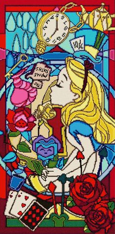 an image of a woman playing cards in front of a stained glass window with roses