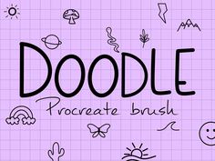 doodle procreate brush is shown on a purple background with black letters and drawings