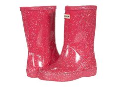 Hunter Kids Original First Classic Giant Glitter Wellington Boots (Toddler/Little Kid) - Kid's Shoes : Thrift Pink : Please note: Hunter Kids lists the UK size on all footwear. For example, if you order a US 10 Toddler the size printed on footwear and packaging will be a size 9. Brighten her day and mood with the sparkly Hunter Kids Original First Classic Giant Glitter Wellington Boots. The mid-calf rain boots are constructed in a natural vulcanized rubber with a glossy glitter finish. Slip-on b Shoes Thrift, Hunter Kids, Kids Rain Boots, Fall 23, Glitter Boots, Wellington Boot, Wellington Boots, Kids Boots, Hunter Boots