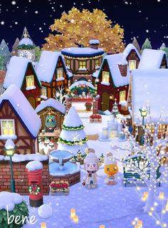 an animated christmas scene with snow covered houses and small town lights in the foreground