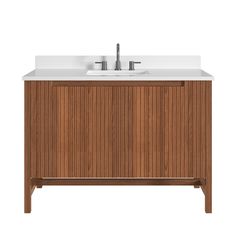 a wooden cabinet with a sink and faucet on it's side, against a white background