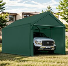 a truck is parked in a green carport