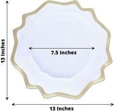 a white and gold plate with the measurements