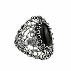 Sterling Silver Filigree Art Black Onyx Gemstone Lace Cocktail Ring Face Length is 0.65 inches and Width is 0.30 inchesBlack Onyx Gemstone is 7X14 mm oval cabochon. This metal embroidery filigree ring is oxidized and highly polished. Filigree is made of delicate metal strands that have been skillfully fashioned to create an outstanding combination of old and modern art. Originating in Mesopotamia, Anatolia. It is made of delicate metal strands that have been skillfully fashioned to create an out Metal Embroidery, Onyx Gemstone, Sterling Silver Filigree, Silver Filigree, Art Black, Cocktail Ring, Statement Ring, Black Onyx, Onyx