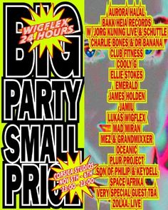 the big party small price poster is shown in black and yellow with an image of a woman's face