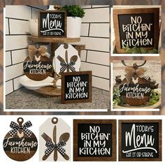 a collage of kitchen signs and decorations