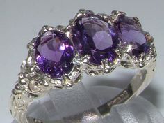 14K White Gold Natural Three Amethyst Ring English by GemsofLondon Victorian Style Rings, Antique Style Rings, Trilogy Ring, Amethyst Ring, Victorian Style, Pink Tourmaline, Purple Amethyst, Antique Style, Victorian Fashion