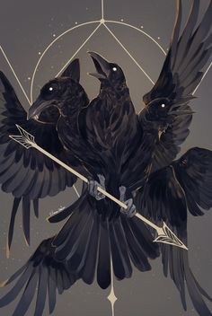 two black birds sitting on top of each other with arrows in their beaks and wings